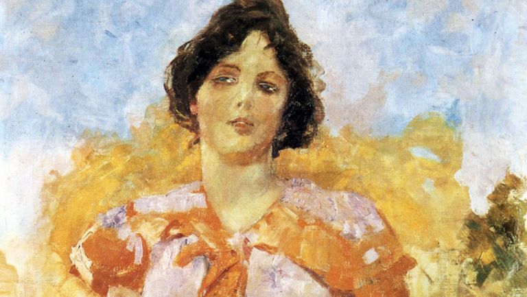 Gemälde Elsa Elsa Asenijeffs von Max Klinger in einer sommerlichen Landschaft und im langen Kleid.
