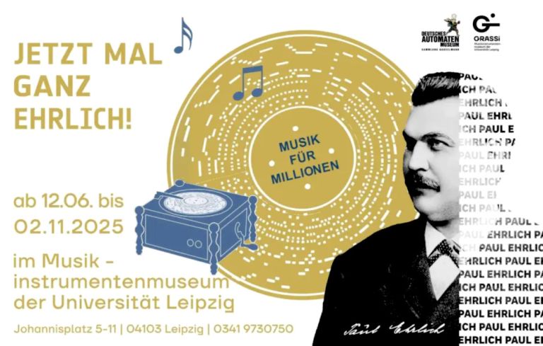 Grafik mit einer Collage aus einem Portrait von Paul Ehrlich, einer runden Lochplatte und einem historischen Abspielgerät
