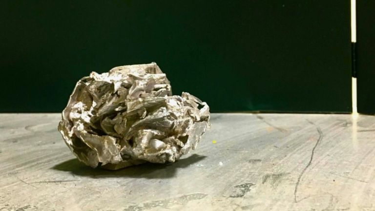 Auf einer Steinplatte liegt ein Objekt, das an ein zusammengeknülltes Stück Papier erinnert.