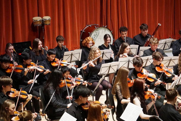 Das Orchester bei einem Konzert. Im Hintergrund sieht man einen roten Vorhang.
