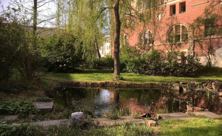 Der idyllische Garten das Literaturhauses hat einen kleinen Teich in der Mitte.