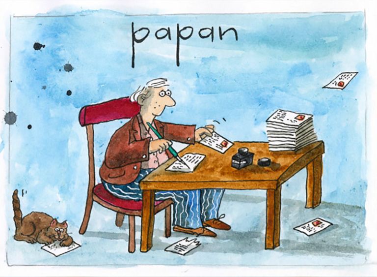 Zeichnung des Cartoonisten und eines Katers, auf der sie viele Postkarten schreiben