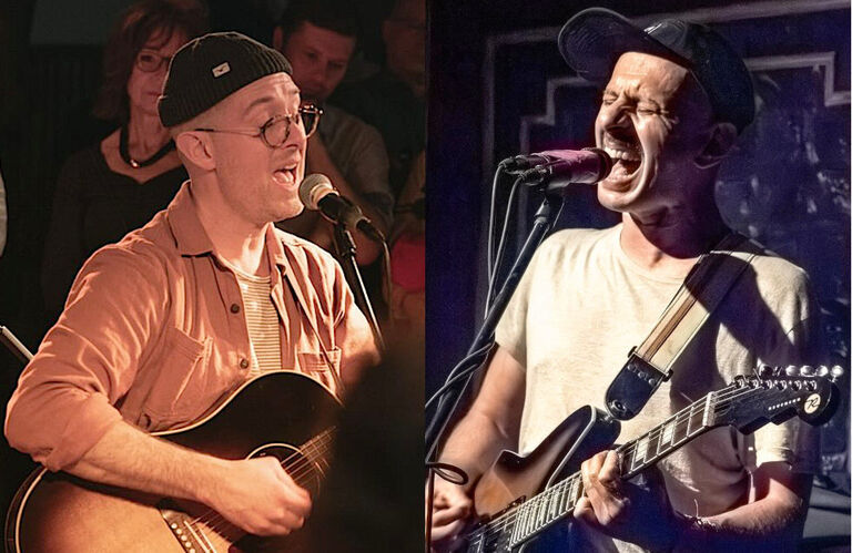 Zwei Fotos der beiden Künstler nebeneinander, beide sind mit Gitarre singen vor einem Mikrofon zu sehen.