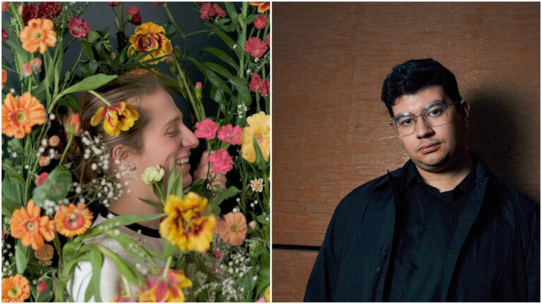 Fotos des lachenden Tjarks inmitten von Blumen und des ernst blickenden Dominik Gershkovich nebeneinander