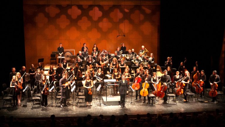 Aufnahme des Orchesters im Konzertsaal auf der die Musikerinnen und Musiker aufgestanden sind und in das Publikum schauen