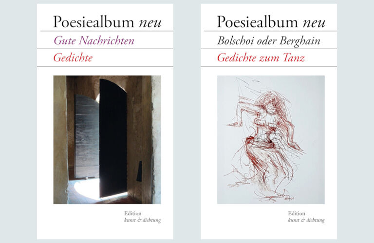 Beide Bände nebeneinander, einer mit dem Foto eines offenen Tores und einer mit der Zeichnung eine Tänzerin