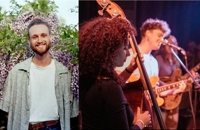 Ein Porträtfoto von Daniel Seip und eine Foto der Band Holunder bei einem Auftritt nebeneinander