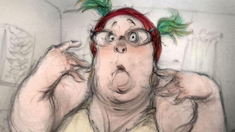 Eine elegant gekleidete, etwas füllige, Frau mit Federhut schaut erschrocken drein.