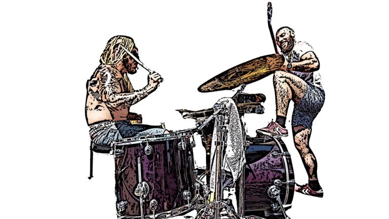 Verfremdetes Foto, das wie eine Zeichnung wirkt, der beiden Musiker mit ihren Instrumenten
