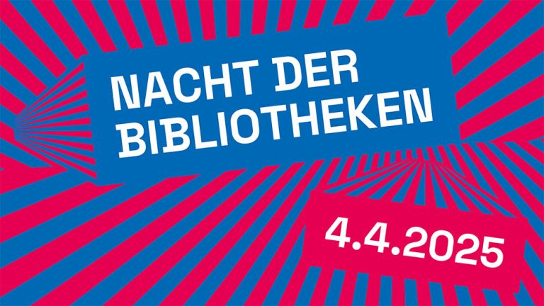 Die Grafik zur Nacht der Bibliotheken ist mit strahlenförmig angeortneten blauen und roten Streifen gestaltet.