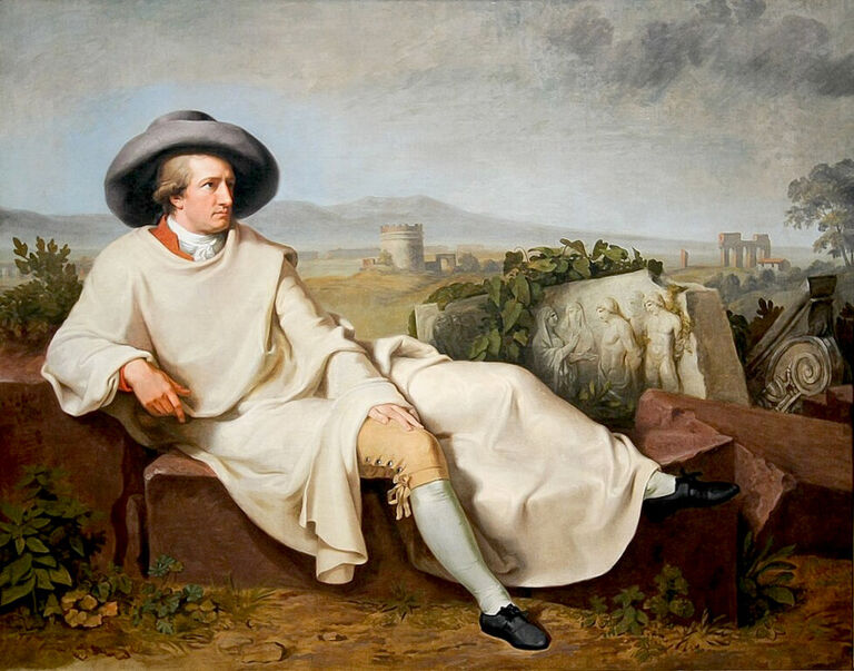 Historisches Gemälde von Goethe, der sich halb liegend auf zwei großen Steinen niedergelassen hat.