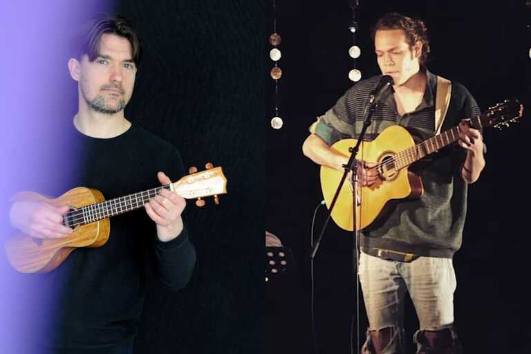 Zwei Fotos der beiden Musiker nebeneinander, jeweils bei einem Solo-Konzert mit Ukulele oder Gitarre