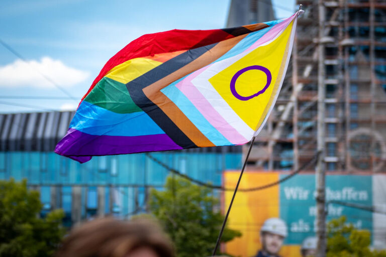 Bei einer Demo weht die Pride-Fahne über den Köpfen der Teilnehmerinnen und Teilnehmer.