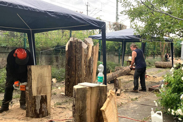 Zwei Personen arbeiten mit Motorsägen an großen Holzklötzen.