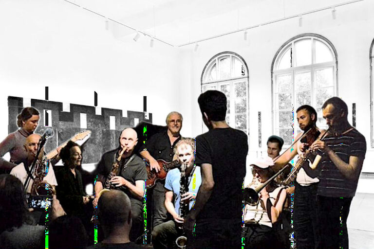 Collage aus Fotos der Musikerinnen und Musiker des Ensembles und einer Innenansicht des Kunstraums ars avanti