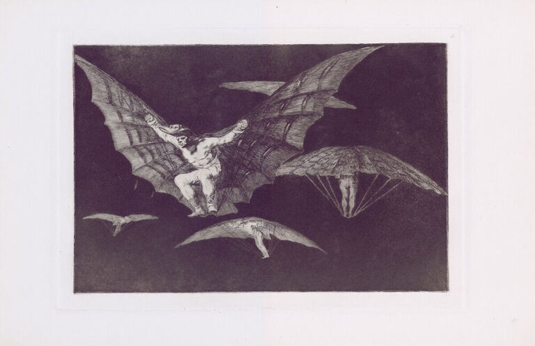 Historische Grafik mit fünf Personen, die jeder mit einer Art Flugdrachen unterwegs sind