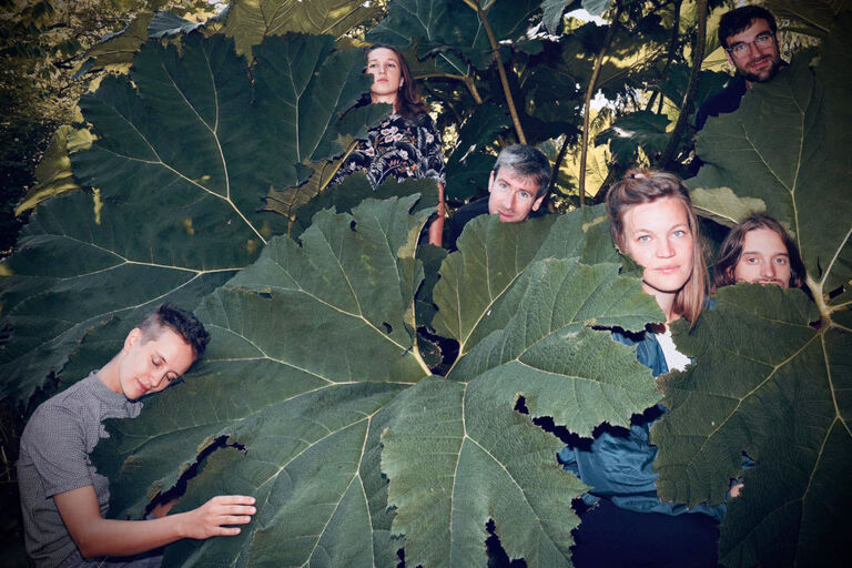 Gruppenfoto des Kardamom Kollektivs im botanischen Garten zwischen riesigen Blättern