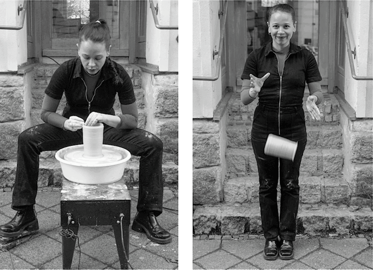 zwei Schwarz-Weiß-Fotos von Émilie Haus - einmal an ihrer Drehscheibe und einmal, wie sie lächelnd ein Tongefäß fallen lässt