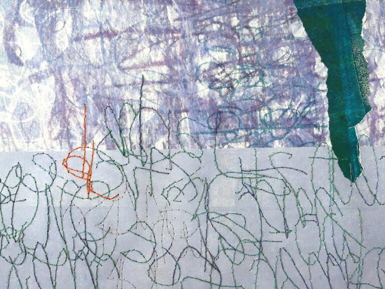 Abstrakte Grafik, auf die mit Garn geschwungene Linien gestickt sind