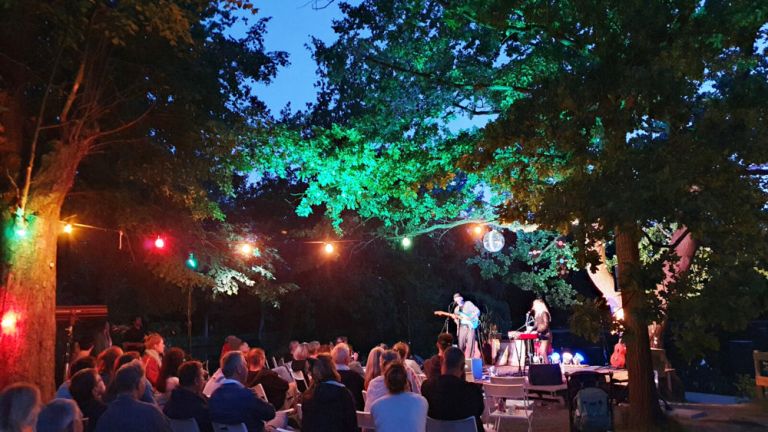 Nächtliches Konzert im Freien unter einem Baum mit bunten Lichtern