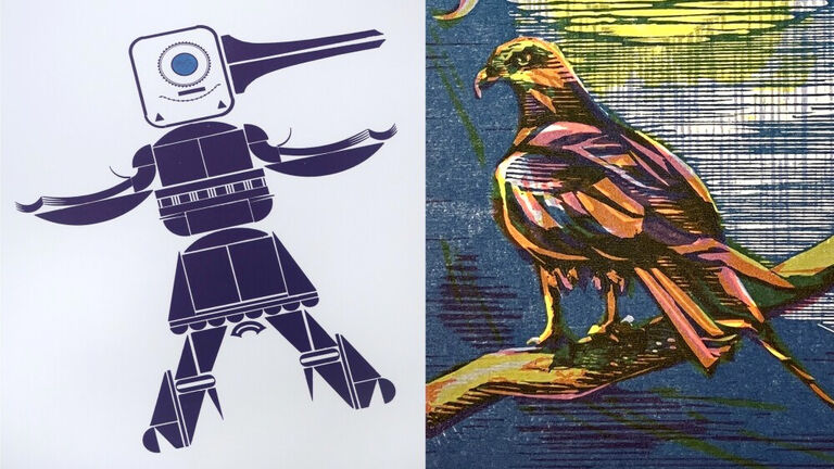 Zwei Grafiken der beiden Ausstellenden nebeneinander, links eine abstrakte Figur, die aus verschiedenen Symbolen zusammengesetzt ist und rechts die figürliche Grafuk eines Greivogels