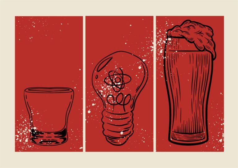 Auf einer Grafik sind ein leeres Schnapsglas, eine Glühlampe und ein volles Bierglas zu sehen.