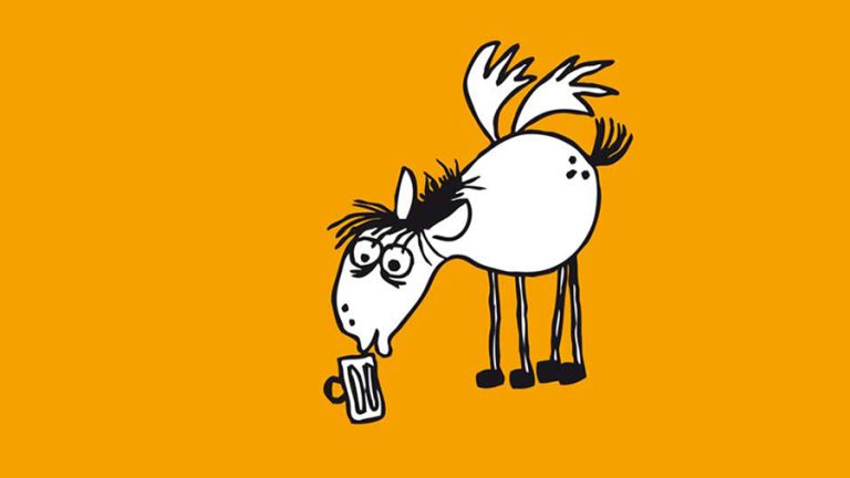 Zeichnung: der durstige Pegasus trinkt aus einem Glas Bier