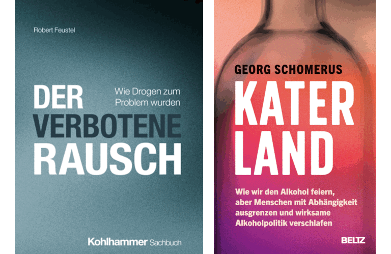 Die Cover der beiden Bücher neben einander, beide sachlich gehalten, bei "Katerland" ist im Hintergrund eine leere Flasche zu sehen