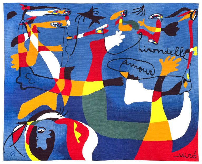 Farbenfroher Wandteppich mit Motiven des Malers Miro