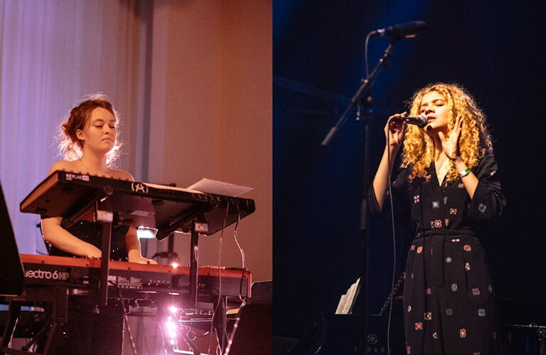 Fotos der Musikerinnen nebeneinander: Anna Siroshtan spielt Keyboard und Sonya Sytnyk singt auf der Bühne.