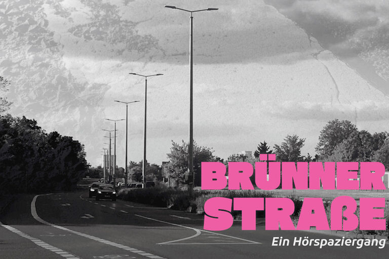 Schwarz-Weiß-Foto einer vierspurigen Straße mit einer Reihe Laternen auf dem Mittelstreifen und Gebsch an den Rändern