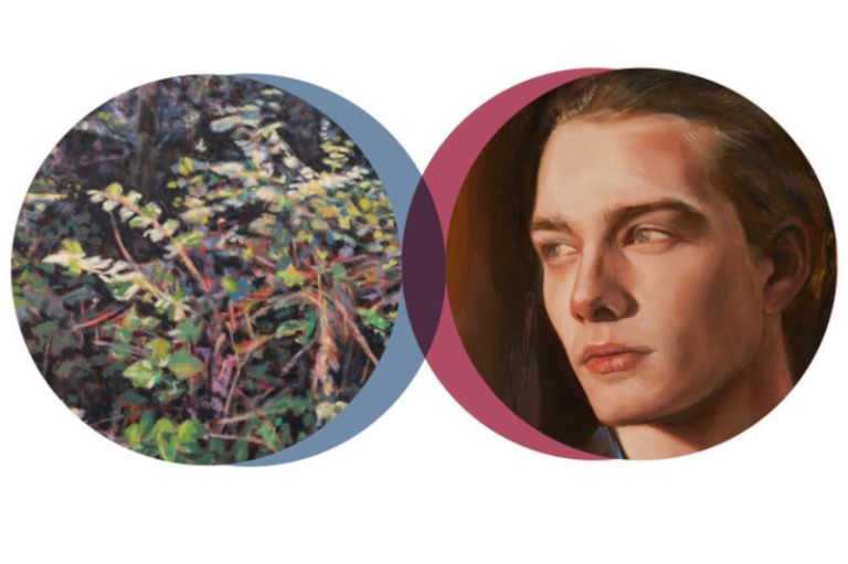 Die Grafik zur Ausstellung zeigt zwei Kreise mit Gemäldeausschnitten, einmal ein Naturbild und einmal den Kopf einer Person