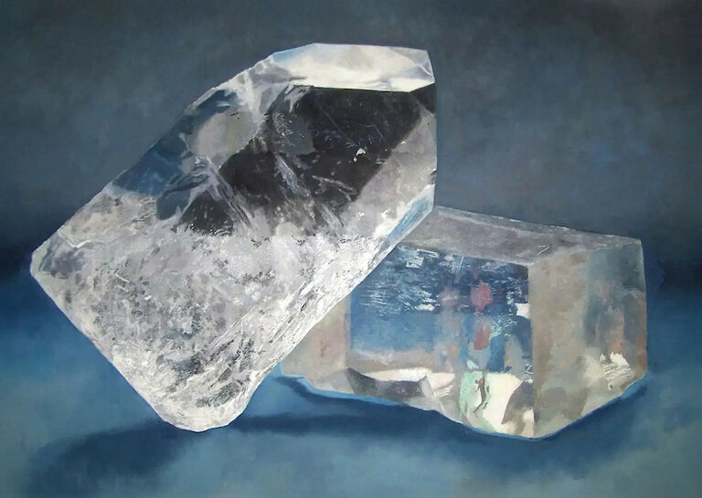 Gemälde mit zwei großen, rohen Kristallen, wovon einer farbige Einschlüsse enthält