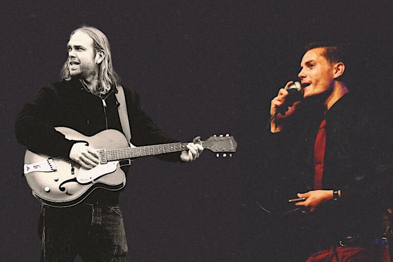 Zwei fotos der beiden Musiker mit ihren Instrumenten nebeneieander