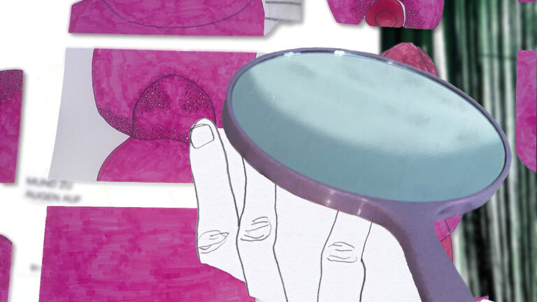 Collage mit einer Lupe, einer gezeichneten Hand und pinkfarbenen Objekten im Hintergrund