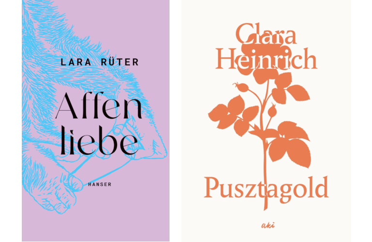Die buchcover von "Affenliebe" und "Pusztagold" nebeneinander. Ein zeigt die Hände eines Affen und eine die Silhouette einer Pflanze.