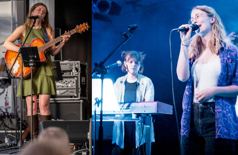 Zwei Fotos von Auftritten mit der Künstlerin und mit der Band