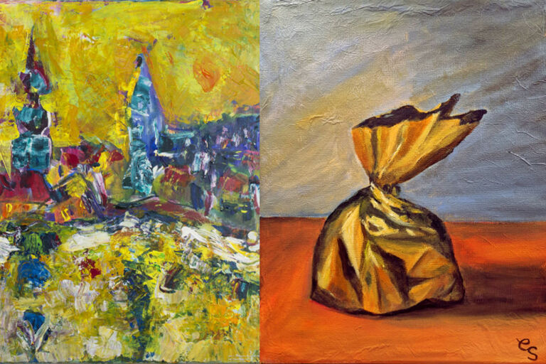 Colleage aus zwei Gemälden. Eins zeigt eine abstrakte Landschaft und ein ein Stillleben mit einem golden glänzen Beutel.