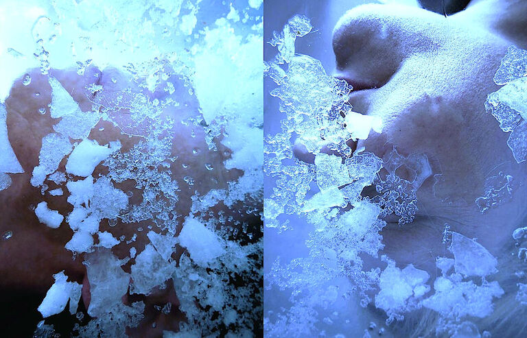 Zwei Fotos mit Eiskristallen auf Wasser bzw. Schnee nebeneinander