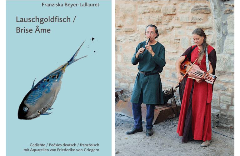 Ein foto des Duos Ebenbild neben dem Buchcover von Lauschgoldfisch, auf dem ein Fisch, aber kein Goldfisch abgebildet ist