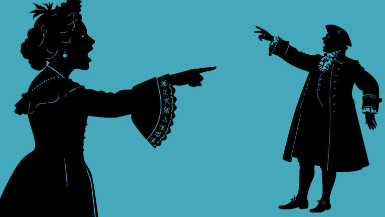 Scherenschnittartige Grafik, die zwei Personen in historischer Kleidung zeigt, die schimpfen