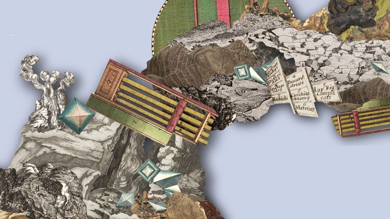 Die Grafik zur Ausstellung ist eine Collage verschiedener Mineralien und historischer geologischer Objekte