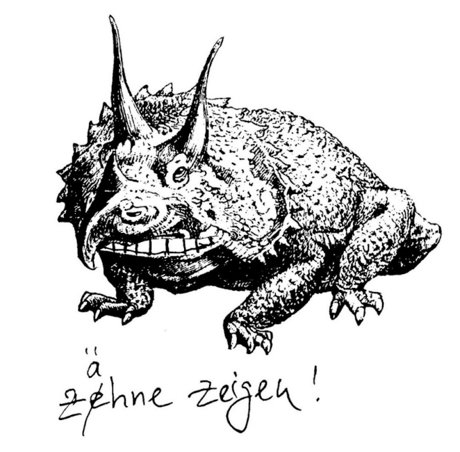 Die Grafik zur Ausstellung zeigt ein echsenähnliches Tier, das die Zähne zeigt.