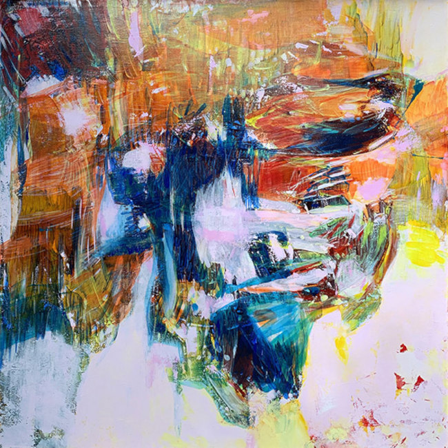 Farbenfrohes, abstraktes Gemälde auf dem farbige Flächen durch viele, nebeneinander gemalte Pinselstriche erzeugt wurden