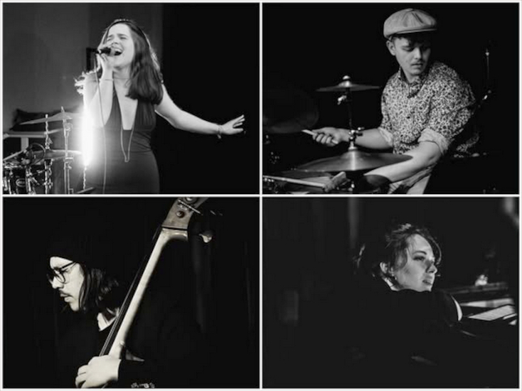 Eine Collage aus Schwarz-Weiß-Fotos der vier Musikerinnen und Musiker