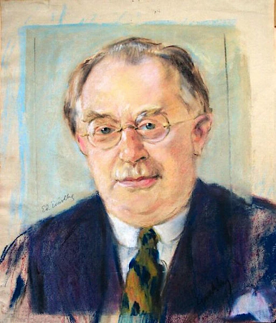 Farbiges Pastell-Portrait von Barnet Licht mit Anzug und Krawatte