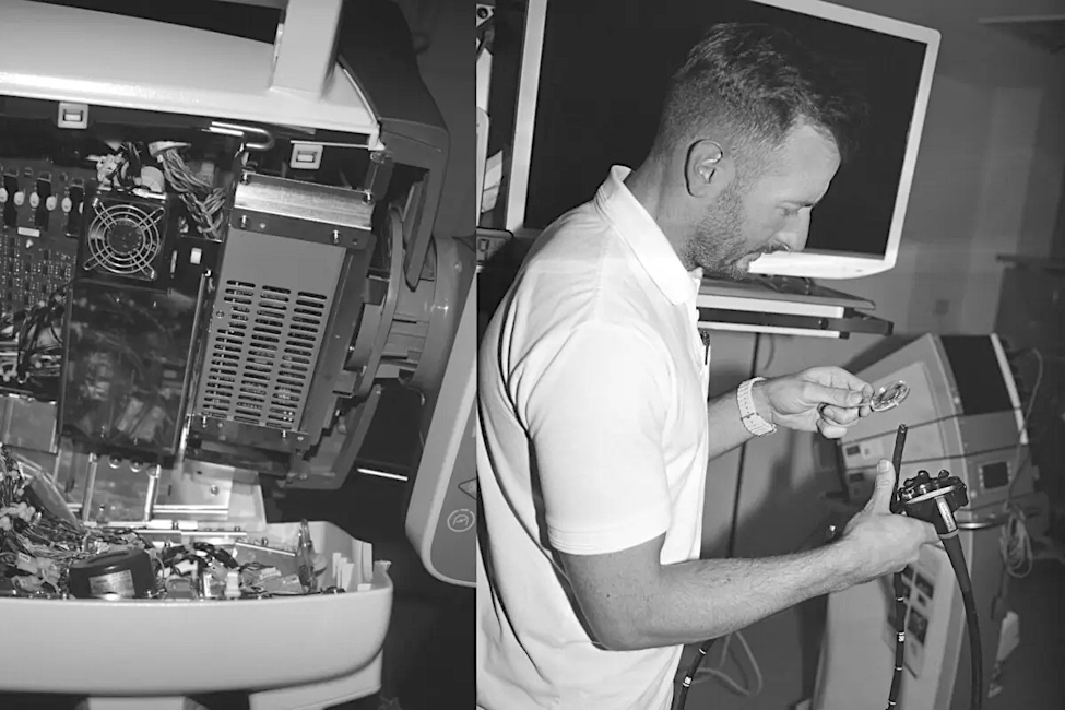 Schwarz-Weiß-Fotos von Gerätschaften und einer Person bei der Arbeit in einer Klinik