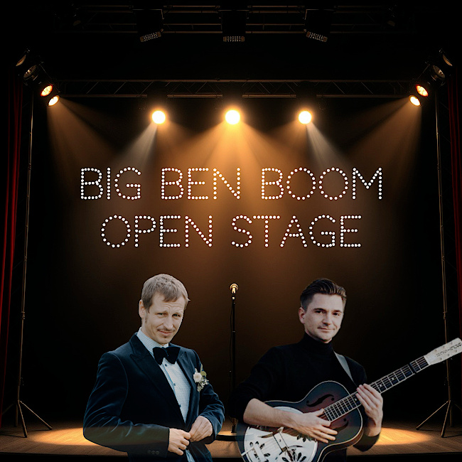 Fotomontage mit den beiden Moderatoren und einer Bühne im Hintergrund