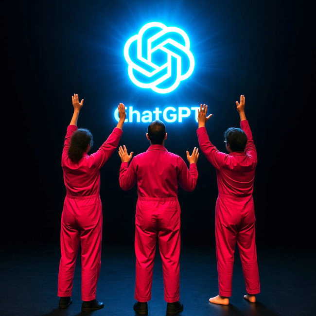 Drei Personen in roten Overalls stehen mit erhobenen Armen vor dem leuchtenden Logo von ChatGPT