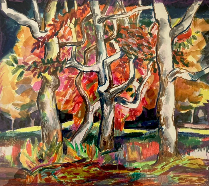 Aquarell mit vier Bäumen und Laub in herbstlichen Farben